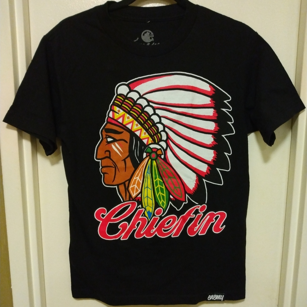 Enemy of the State Indian Chief Graphic Cotton Black Shirt Men's Size: Small